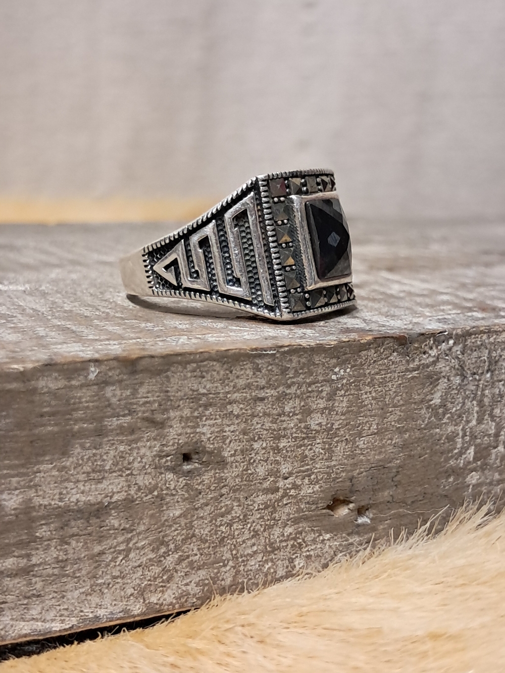 Vintage Art Deco 925 Sterling Silver Black Onyx Signet Ring Size 10.5 - Picture 6 of 7
